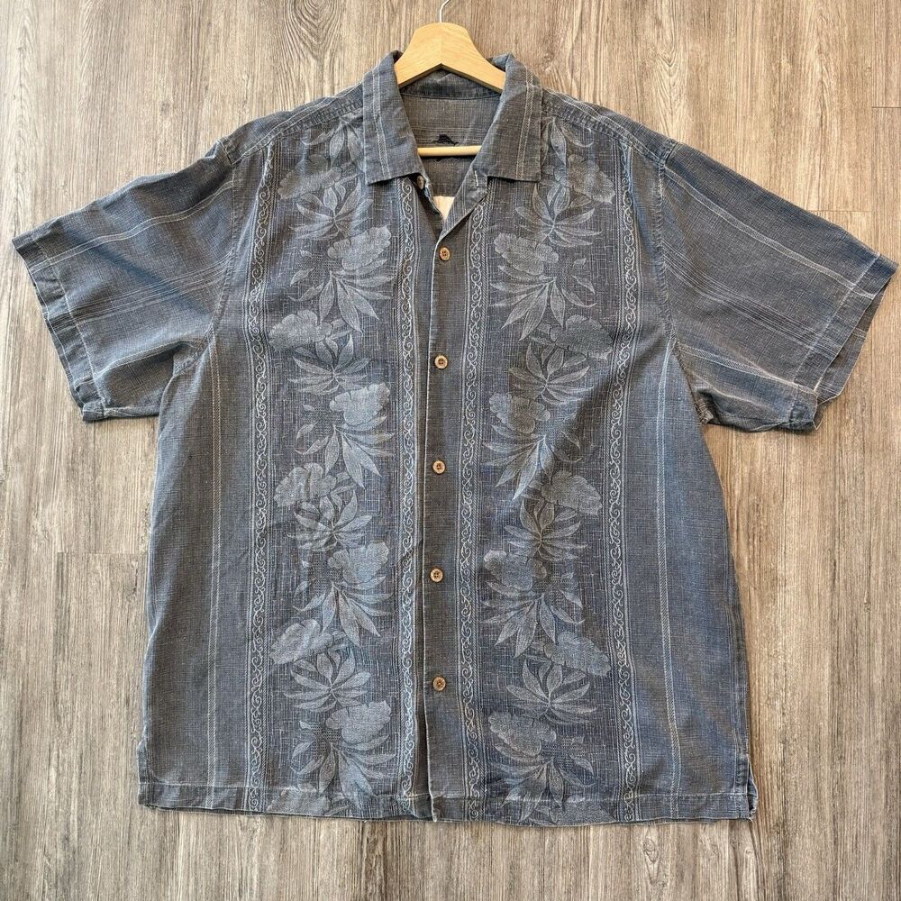 Tommy Bahama Silk Hawaiian Shirt XL Gray Blue Stripe Tropical Summer Vacation